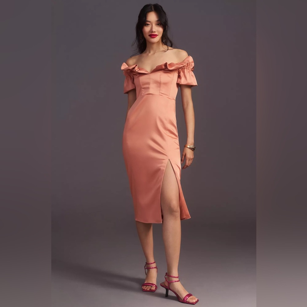 Ruffled Off-The-Shoulder Satin Dress